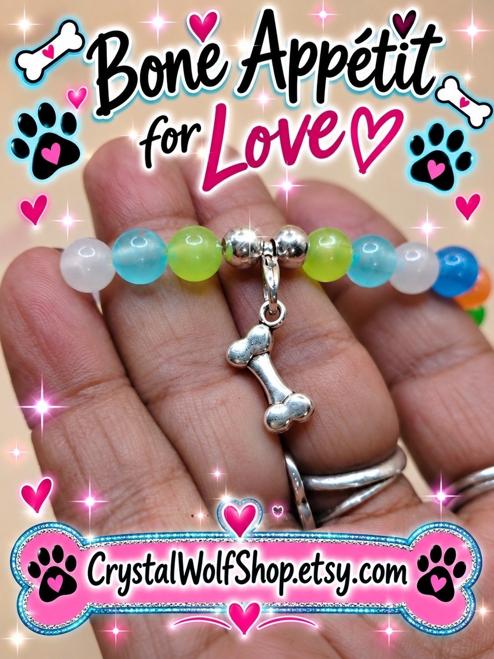 Crystal Wolf Multicolor Beaded Pet Charm Bracelet with Silver Bone Charm